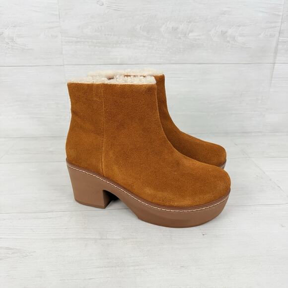 FitFlop Womens Pilar Suede Ankle Boots Size 6 Brown Sherpa Lined Comfort Heeled - Picture 1 of 12